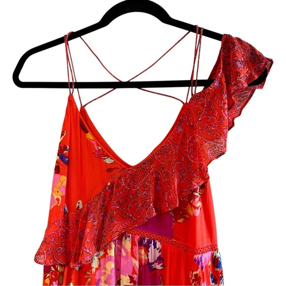 Maeve Grecia Ruffle Midi Dress Sz 0 Red Floral Asymmetrical Flowy Strappy Dress - Picture 9 of 14